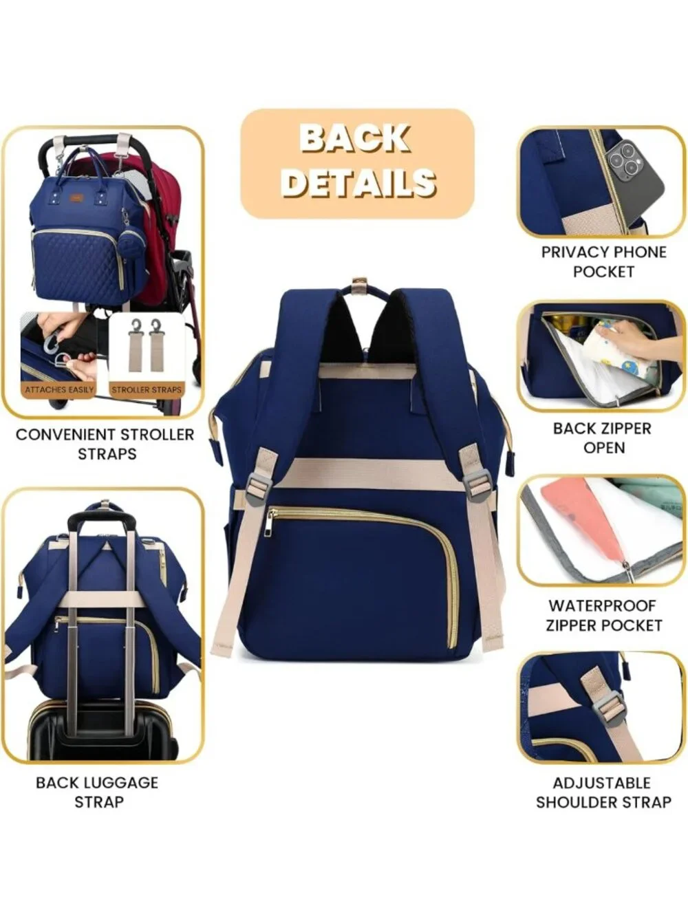 Stylish Waterproof Diaper Bag Backpack with Changing Pad & Pacifier Case - Large